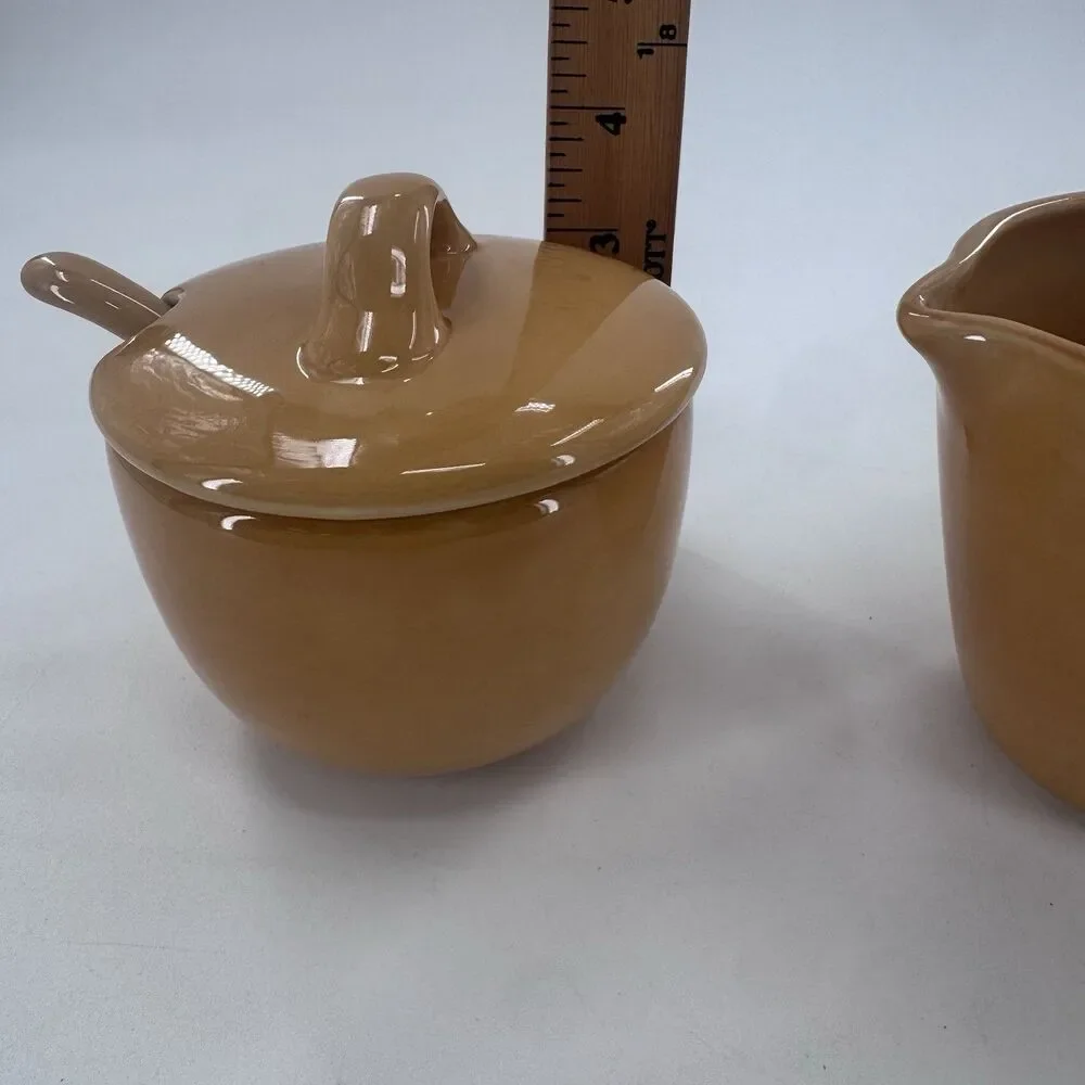 Pottery Barn Sausalito Amber Creamer & Sugar Bowl with Lid & Spoon Fast Shipping